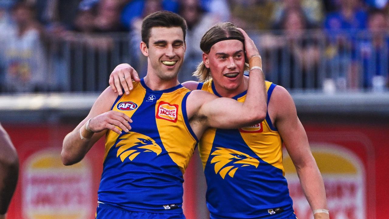 The West Coast rookie, seen with Elliot Yeo, has improved the feeling around the Eagles. (Photo by Daniel Carson/AFL Photos via Getty Images)