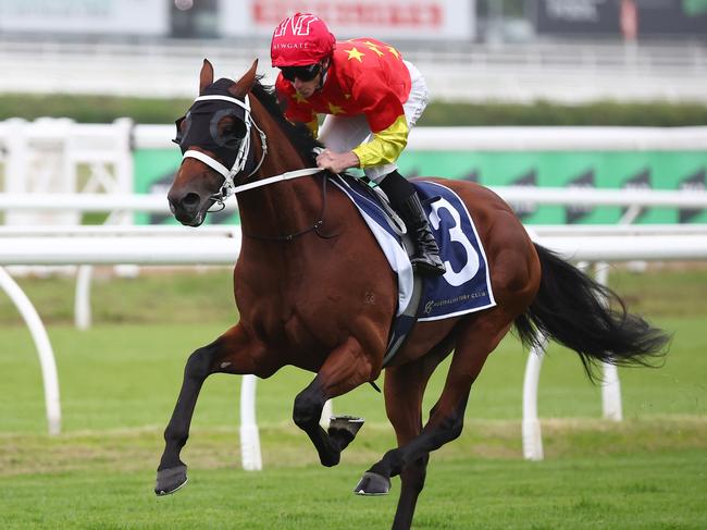 SYDNEY, AUSTRALIA - MARCH 02: James McDonald riding Militarize rides in an exhibition race after Race 1 during the TAB Verry Elleegant Stakes Day - Sydney Racing at Royal Randwick Racecourse on March 02, 2024 in Sydney, Australia. (Photo by Jeremy Ng/Getty Images)