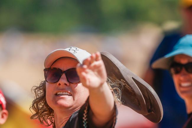 The winner of the ladies Thong throwing Michelle Clay 0400889796 at the 2019 Beer Can Regatta at Mindel Beach. Pic Glenn Campbell