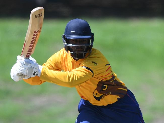 Thaveesh Attanayake of Kingston Hawthorn bats during the Victorian Premier Cricket match between St Kilda and Kingston Hawthorn at Harry Trott Oval in St Kilda, Saturday, February 22, 2020. (Photo/Julian Smith)