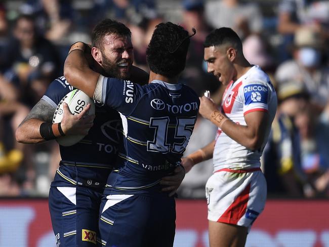 Kyle Feldt celebrates after scoring a try in the North Queensland Cowboys’ win against the Dragons at Browne Park, on August 28, 2021, in Rockhampton, Australia. (Photo by Ian Hitchcock/Getty Images)