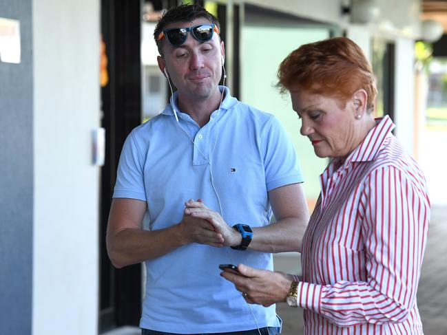 One Nation leader Pauline Hanson is seen with chief adviser James Ashby. Picture: AAP 