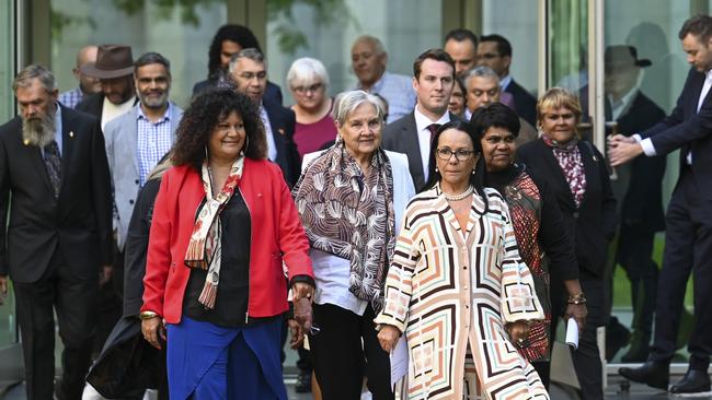 Assistant Minister for Indigenous Australians Senator Malarndirri McCarthy, Pat Anderson, Minister for Indigenous Australians Linda Burney and Marion Scrymgour speak to the media about the referendum. Picture: Getty Images.