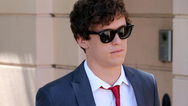 Zane Alchin leaving Newtown court today. Alchin is charged with sending online threats to a women defending a friend against "slut shaming" after a Tinder profile was widely circulated.