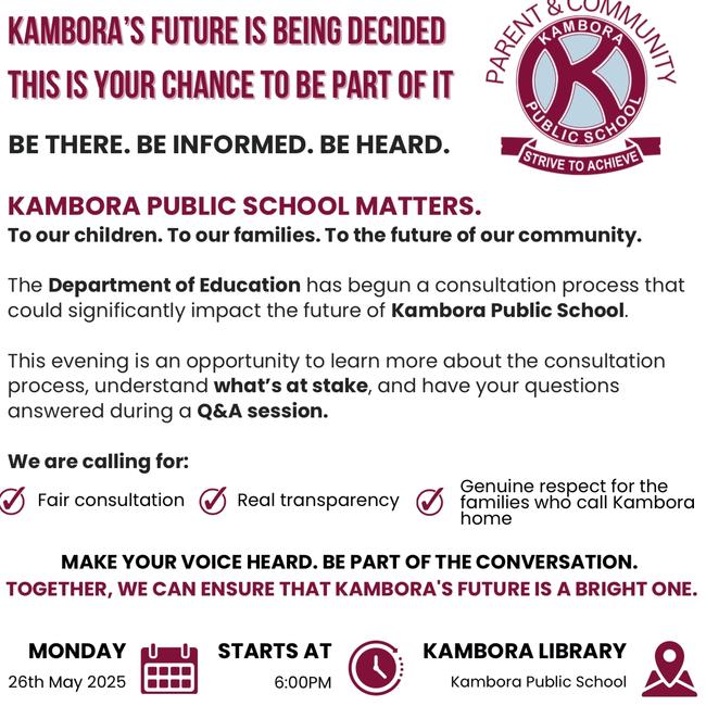 A notice for a meeting to hear details about the possible future of Kambora Public School, Davidson.
