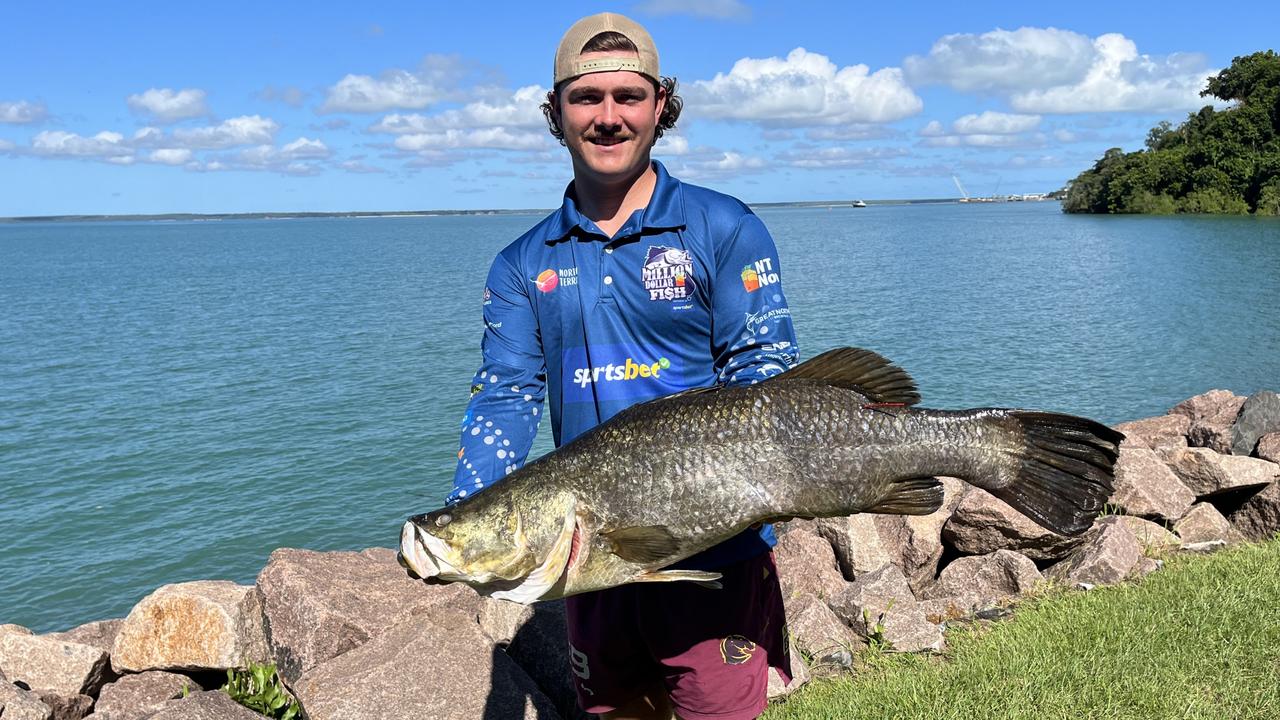 NT Fisho Kai Hale holds the record for biggest fish caught as part of the Million Dollar Fish competition with a 105cm red-tagged barra caught at Manton Dam on March 11 2023 in Season 8.