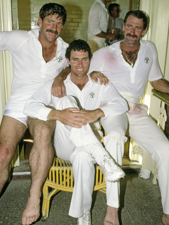 Rod Marsh (L) Greg Chappell (C) and Dennis Lillee pictured together in the dressing room during their last Test match playing together in 1984. Picture: Allsport/Getty Images/Hulton Archive