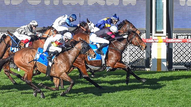 Big Me (inside, blue cap with pompom) just fails to hold out Cavallo Rampante at Moonee Valley on August 10. He can made amends at Sandown-Hillside on Wednesday. Picture: Reg Ryan / Racing Photos