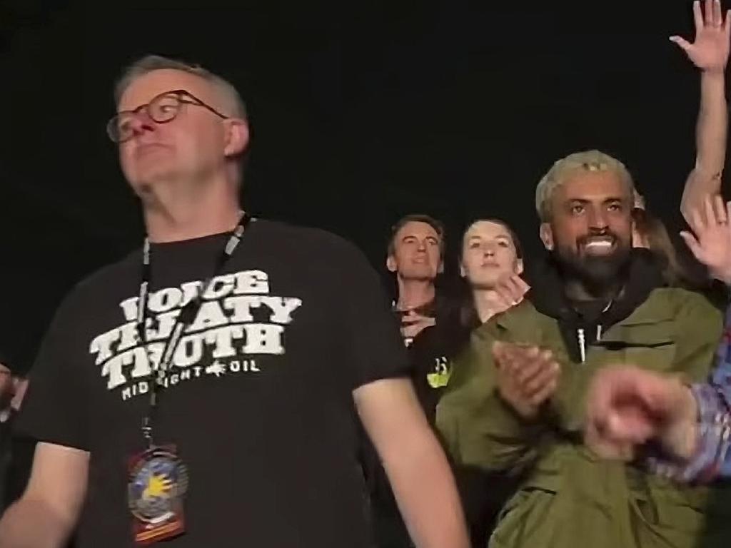 Prime Minister Anthony Albanese wearing a Midnight Oil 'Voice, Treaty, Truth' T-shirt at Midnight Oil’s farewell concert in Sydney, October, 2022.