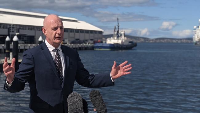 Premier Peter Gutwein at a media conference on the Hobart waterfront on Tuesday, September 14, 2021.