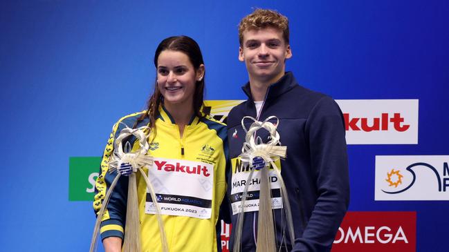 Best Female Swimmer Kaylee McKeown and Best Male Swimmer Leon Marchand. Photo by Adam Pretty/Getty Images.