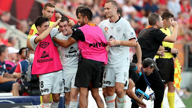 Dylan Wenzel-Halls of the Roar celebrates a goal during the round 17 A-League match against Adelaide United. Picture: Getty Images