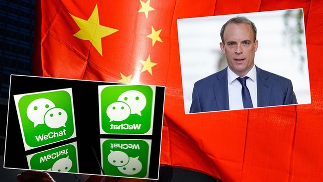 Dominic Raab, top right, has previously labelled China’s BBC ban as an “unacceptable curtailing of media freedom”. The latest article condemned by Beijing was banned from being shared on WeChat, bottom left. pictures: AFP/Supplied