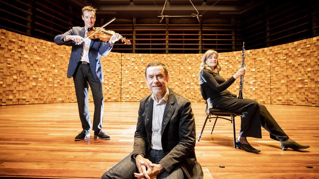 TSO special projects curator Robert Gibson with viola player William Newbery and oboist Dinah Woods in 2020 when the TSO launched the Friday Night Live series. Picture: Richard Jupe