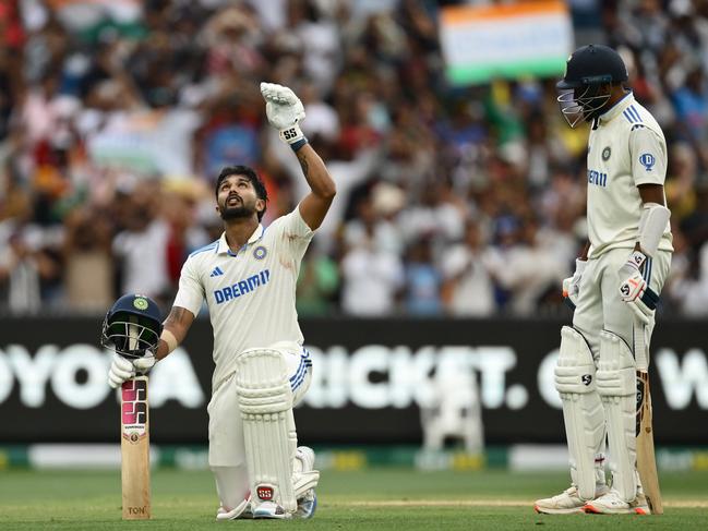 MELBOURNE, AUSTRALIA - DECEMBER 28: Nitish Kumar Reddy of India celebrates his century with Mohammed Siraj of India during day three of the Men's Fourth Test Match in the series between Australia and India at Melbourne Cricket Ground on December 28, 2024 in Melbourne, Australia. (Photo by Quinn Rooney/Getty Images)