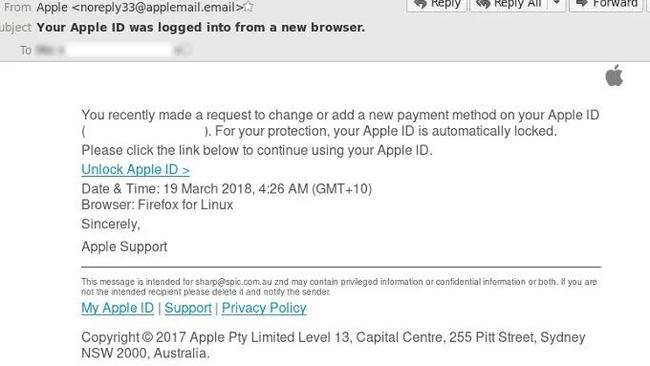 The email a phishing scam that is using Apple branding to try and deceive victims. Picture: MailGuard