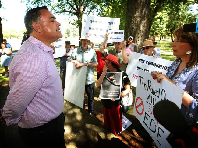 NSW Deputy Premier John Barilaro talking with protesters in Queanbeyan, NSW. Picture Kym Smith