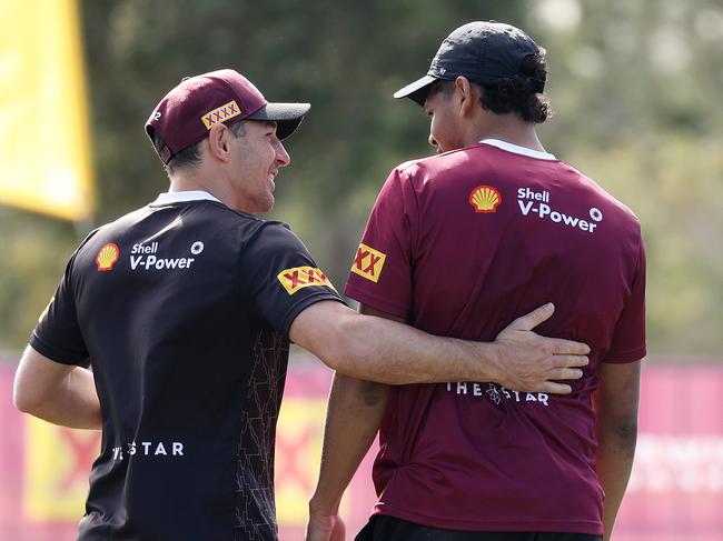 Coach Billy Slater with Selwyn Cobbo at QLD State of Origin team training, Sanctuary Cove. Picture: Liam Kidston