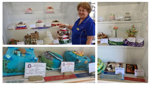 (Top left) Cake judging steward Bev Hibberd displays decorated cakes at the Fraser Coast Ag Show. (Bottom left, right) Cakes on display at the Fraser Coast Ag Show. Photos: Stuart Fast