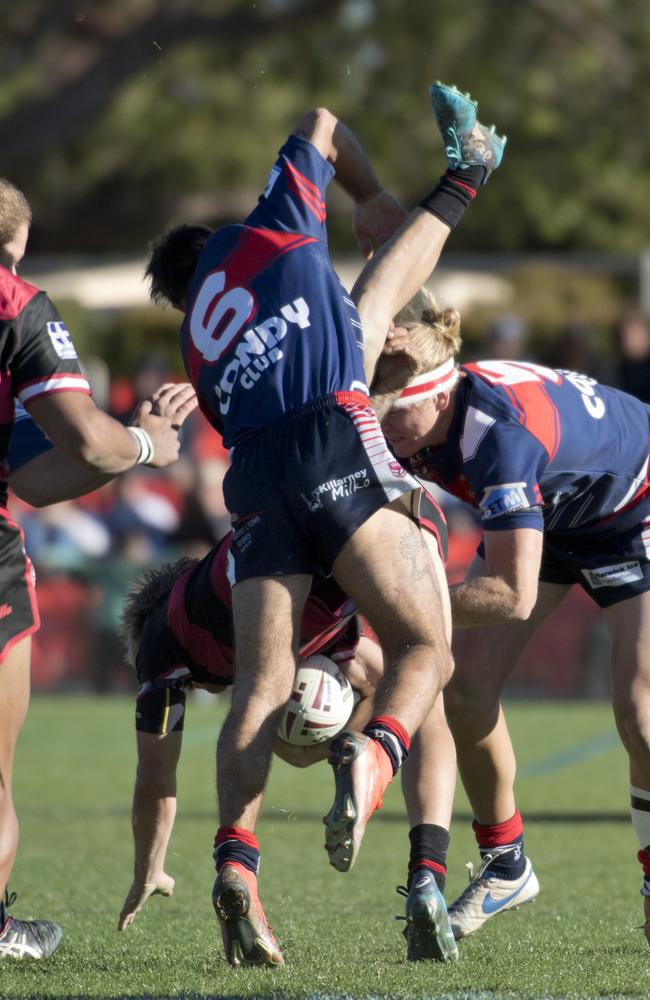 Dylan Chown, Valleys tackled by Coedie Tandy and Mitchell Watson, Warwick. TRL grand final, Valleys vs Warwick Cowboys. Sunday, 8th Sep, 2019.