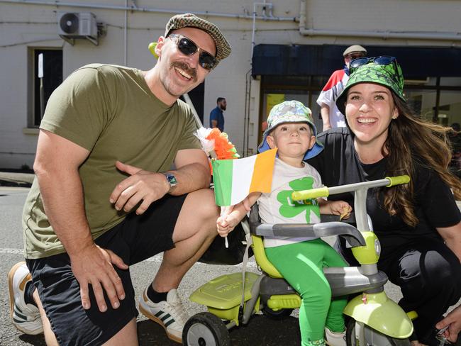 Hughie Smith with dad Jason Smith and mum Aoife Cassells after the Darling Downs Irish Club St Patrick's Day parade, Sunday, March 16, 2025. Picture: Kevin Farmer