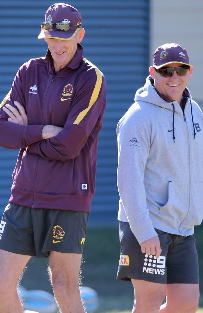 Coaches Wayne Bennett and Kevin Walters at a Brisbane Broncos training at Red Hill. Picture: Jono Searle