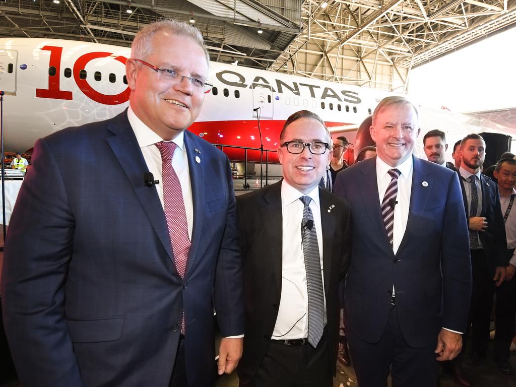 Then-Prime Minister Scott Morrison, left, Alan Joyce, centre and then-Opposition leader Anthony Albanese during the Qantas Centenary Launch in 2019. Picture: AAP