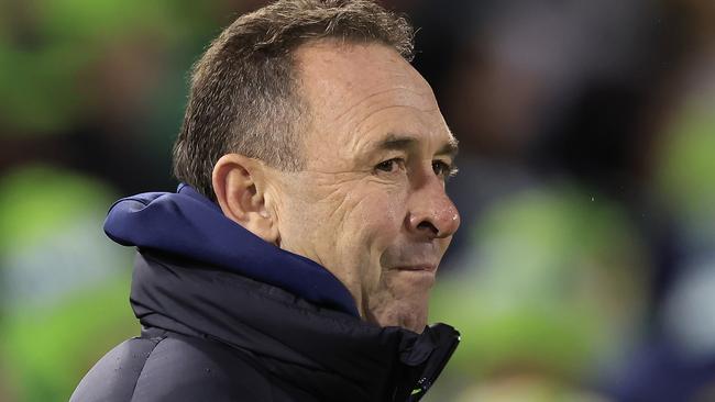 CANBERRA, AUSTRALIA - AUGUST 06:  Raiders coach Ricky Stuart looks on during the round 21 NRL match between the Canberra Raiders and the Penrith Panthers at GIO Stadium, on August 06, 2022, in Canberra, Australia. (Photo by Mark Evans/Getty Images)