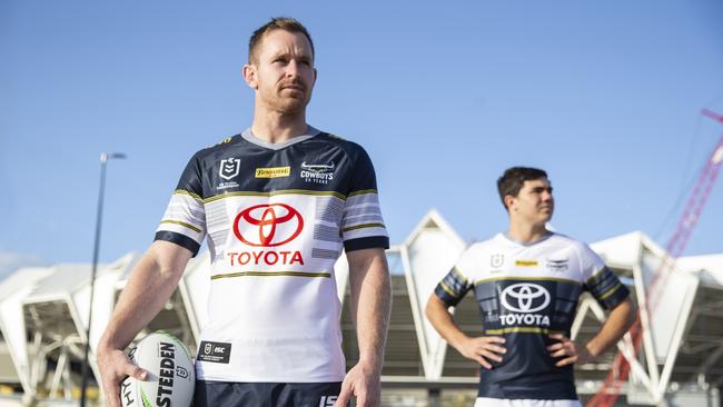 Michael Morgan and Jake Clifford modelling the 2020 North Queensland Cowboys jerseys.