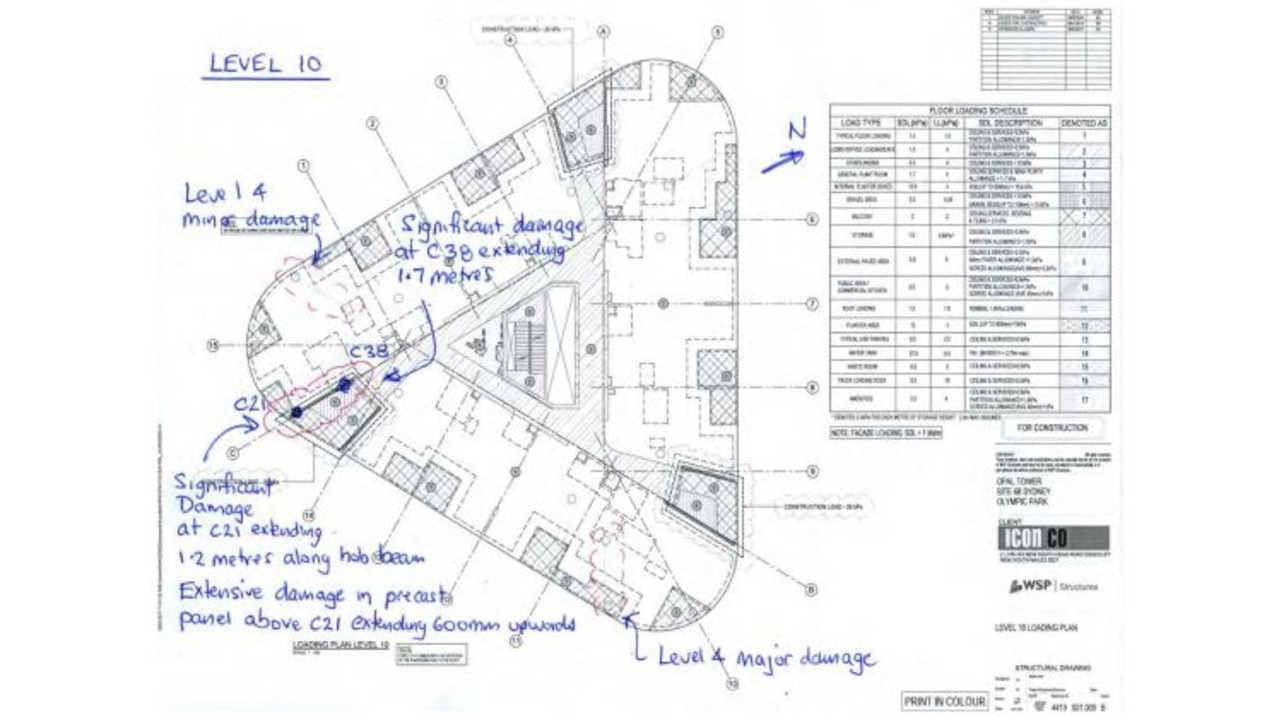 Opal Tower: Plan view indicating locations of damage observed on Level 10. Source: Opal Tower Investigation Interim Report. 