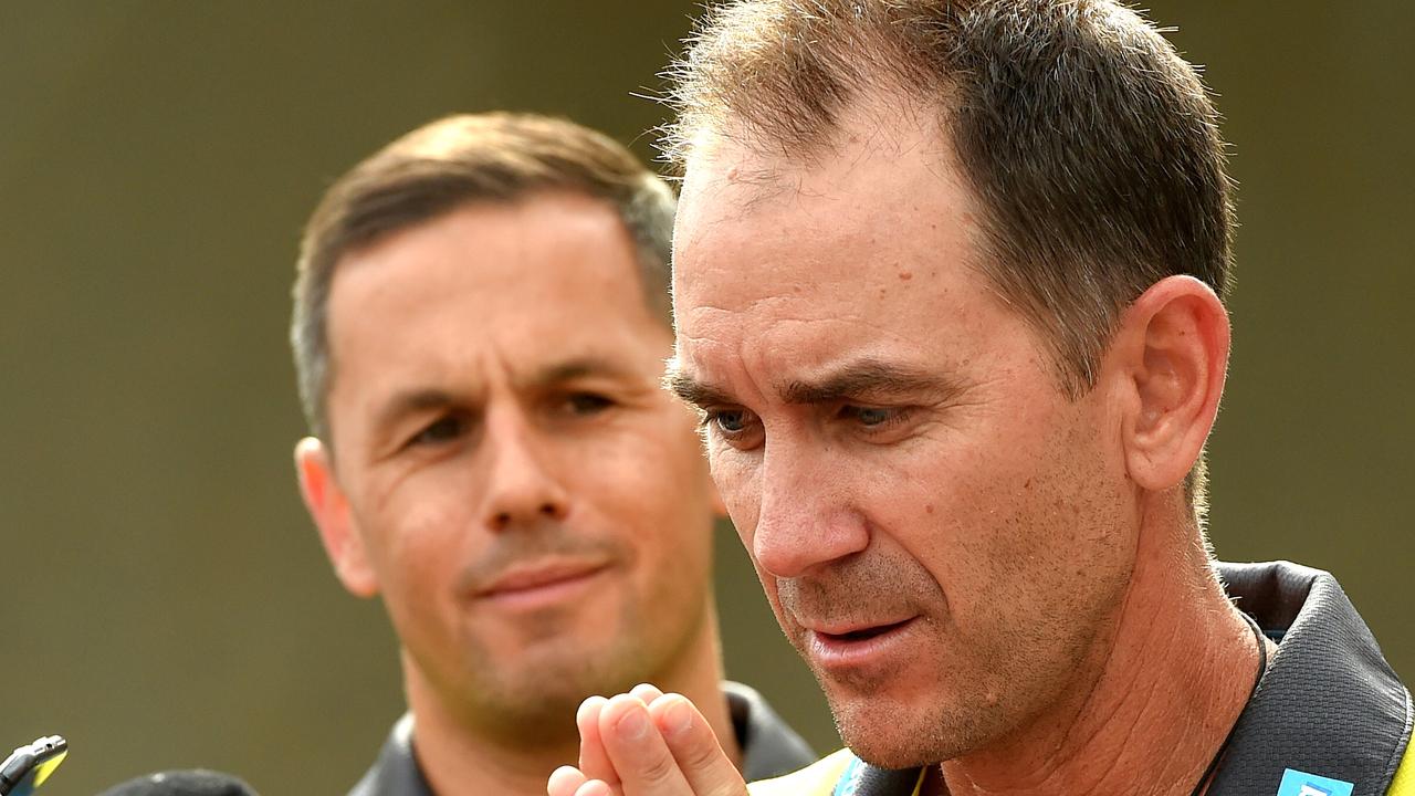 Justin Langer holds a press conference in Melbourne. Picture: Nicole Garmston