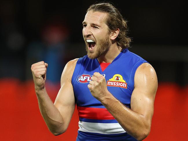 AFL Round 16. Western Bulldogs vs West Coast Eagles at Metricon Stadium. 05/09/2020...  Marcus Bontempelli, skipper of the Bulldogs celebrates the win as the final siren sounds  . Pic: Michael Klein