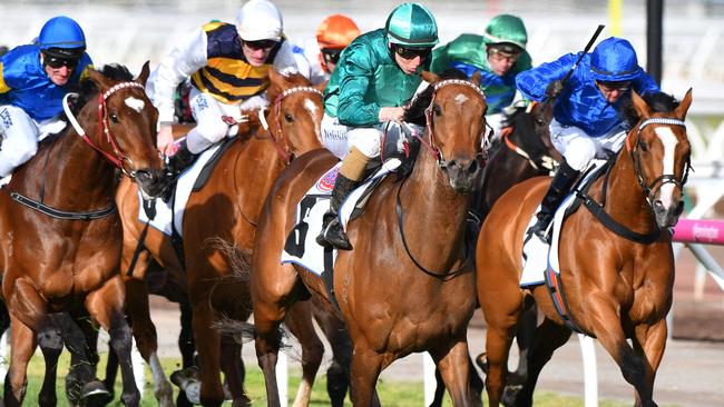 MELBOURNE, AUSTRALIA — SEPTEMBER 16: Damian Lane riding Humidor winning Race 7, PFD Food Services Makybe Diva Stakes during Melbourne Racing at Flemington Racecourse on September 16, 2017 in Melbourne, Australia. (Photo by Vince Caligiuri/Getty Images)