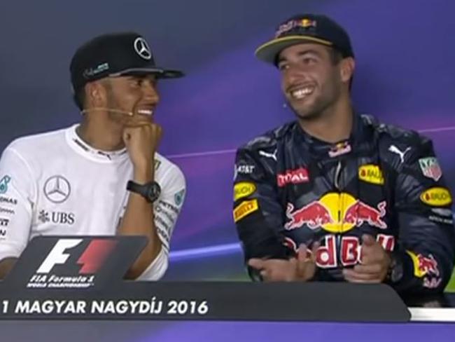 Hamilton and Ricciardo laugh off the awkwardness.