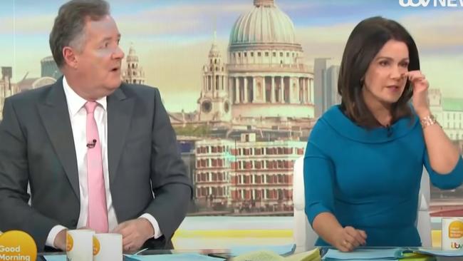 Piers Morgan spectacularly walked off live television after colleague Alex Beresford challenged comments made about Meghan Markle. Picture: ITV