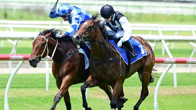 La Bella Boom (black and white colours) wins at Doomben for trainer Tony Gollan and jockey Angela Jones to showcase her Magic Millions potential. Picture: Grant Peters/Trackside Photography