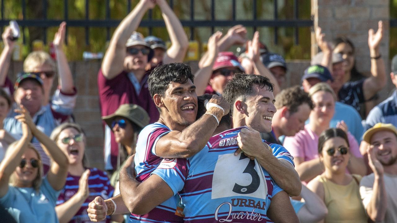 Goondiwindi celebrate Malcolm McGrady's try. Highfields vs Goondiwindi. 2021 Hutchinson Builders Cup A Grade final. Sunday, September 19, 2021. Picture: Nev Madsen.