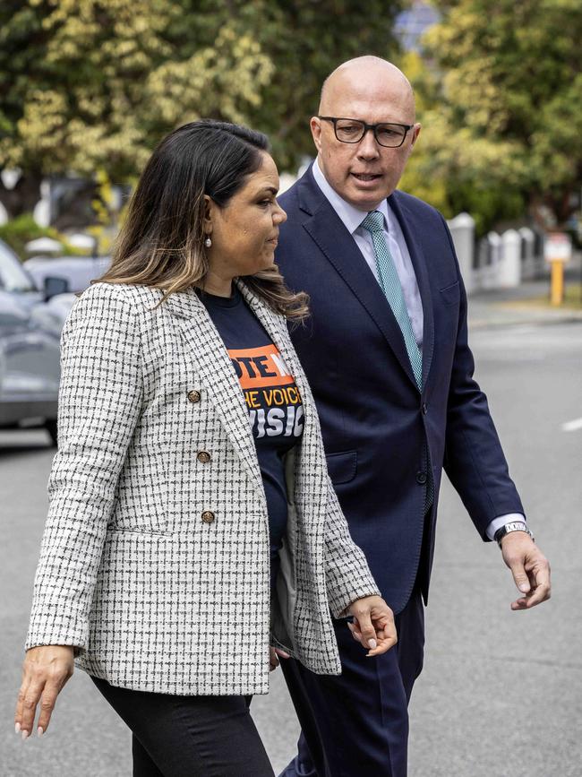 Shadow Minister for Indigenous Australians Senator Jacinta Nampijinpa Price and Leader of the Opposition Peter Dutton in West Perth to promote the no vote in The Voice referendum . Picture: Colin Murty