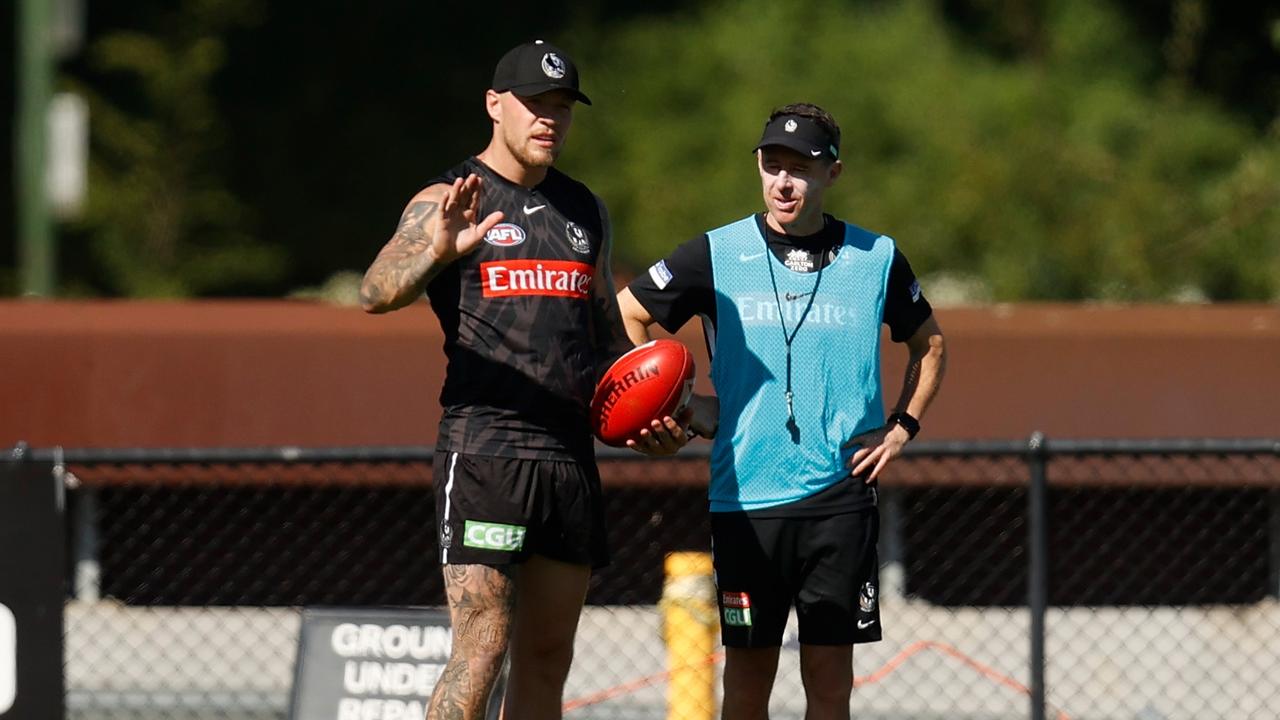 Jordan De Goey and Craig McRae, who wants the free agent to stick around. Picture: Michael Willson/AFL Photos via Getty Images