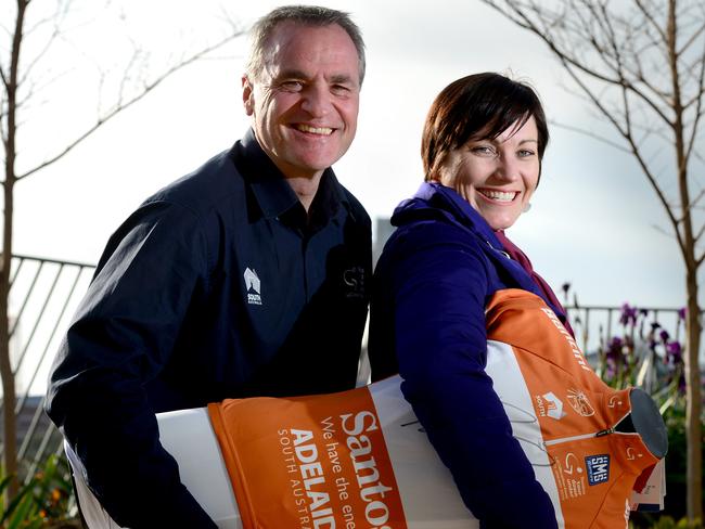 TDU to reveal 2016 race routes revealed. TDU Race Director Mike Turtur and Ambassador Anna Meares at SAHMRI. Pic: Tricia Watkinson