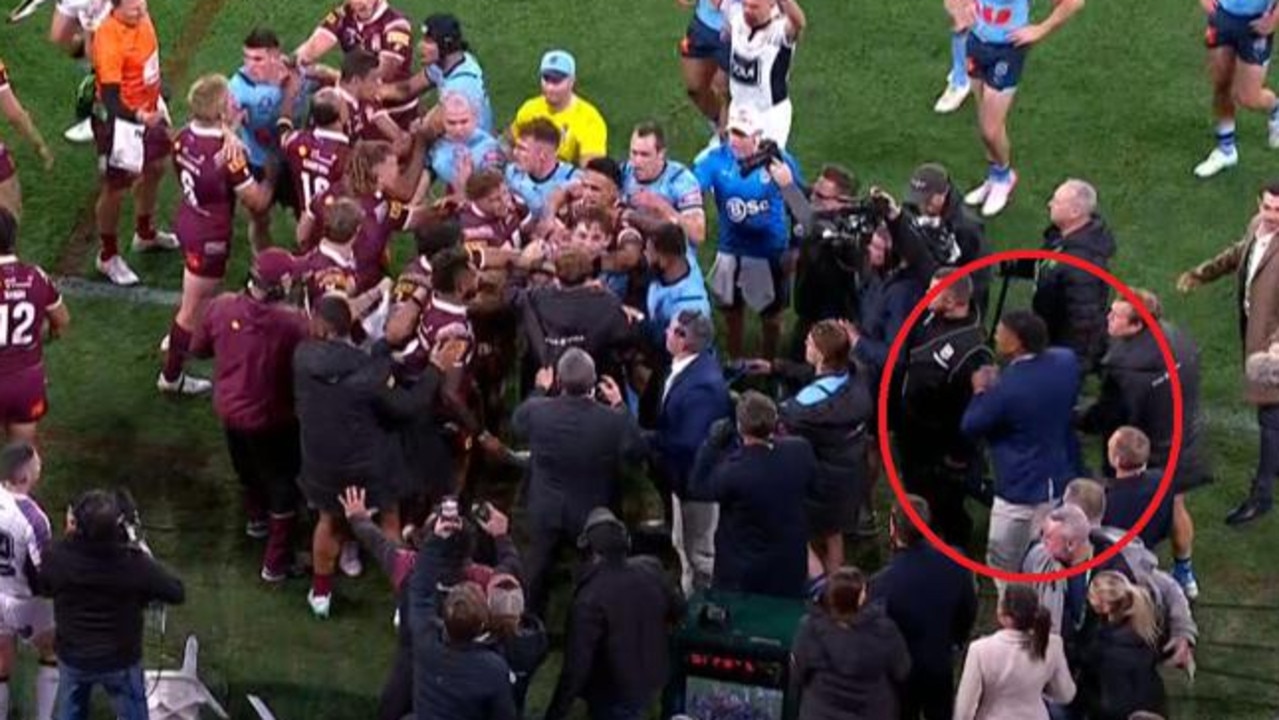 Haumole Olakau’atu getting involved in the melee on Wednesday night. Picture: Channel 9