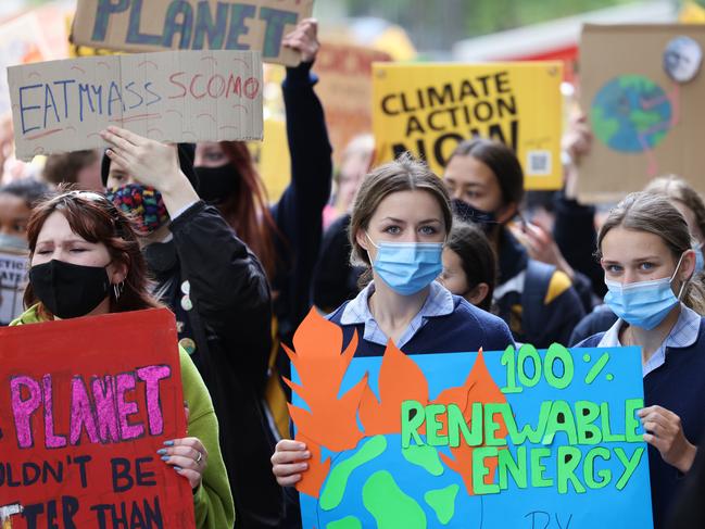 One hundred per cent renewable energy by 2030 is one of three demands the School Strike 4 Cliamte activists were making today. Picture: NCA NewsWire / David Mariuz