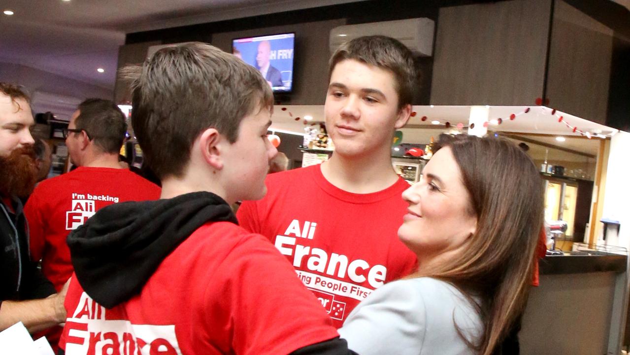 Ali France on election night in 2022 with sons Zac, 15, and Henry. Picture: Steve Pohlner