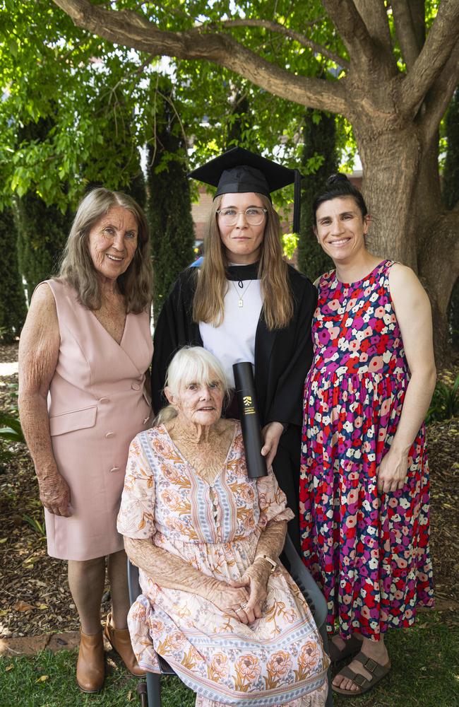 Graduate Diploma of Counselling graduate Shawny Williams with mum Debbie Monckton, grandmother Maureen Giles and partner Zoe Argeros at a UniSQ graduation ceremony at The Empire, Tuesday, October 29, 2024. Picture: Kevin Farmer