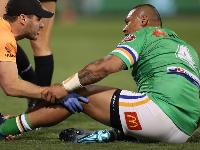 Canberra's Joseph Leilua is injured during the Canberra Raiders v South Sydney Preliminary NRL Final at GIO Stadium, Canberra.