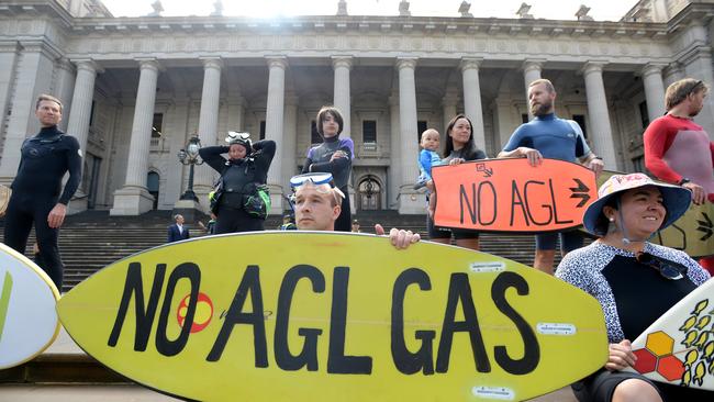 Protesters gathered outside Victoria’s Parliament House in March to oppose AGL’s plans for a gas import terminal at Crib Point, Westernport Bay. Weeks later, the state government blocked the proposal. Picture: NCA NewsWire/Andrew Henshaw