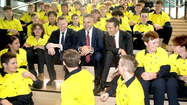 Premier Peter Malinauskas, Education Minister Blair Boyer and local MP Joe Szakacs meet students starting at the new Findon Technical College on Monday. Picture: Dean Martin