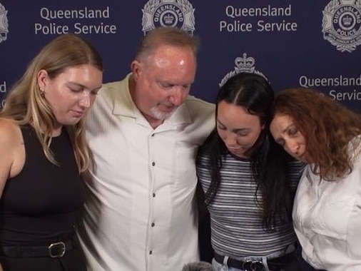 The family of Cameron Duce delivering a statement at the Gold Coast District police headquarters in Surfers Paradise. Picture: QPS.