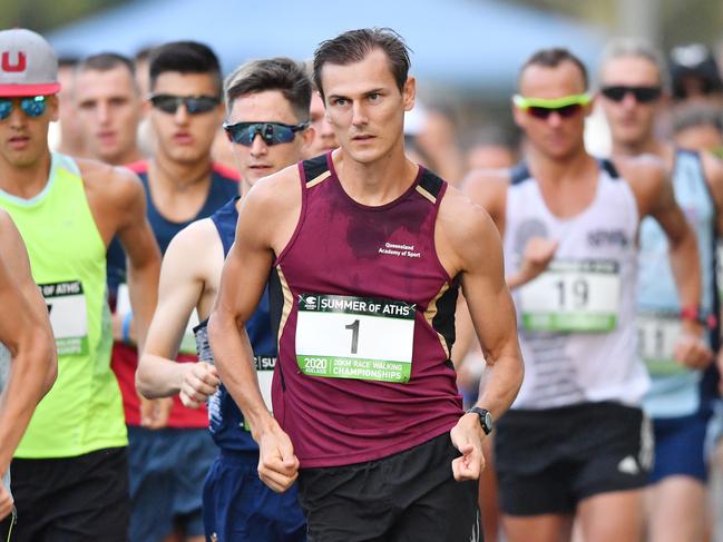 Bird-Smith (centre) during the Australian 20km walking championships at War Memorial Drive in Adelaide in February.