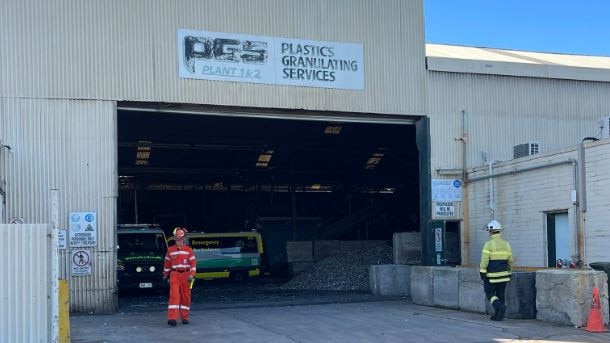 Rescue crews are attempting to free a man who is trapped by his legs at a plastics processing facility at Kilburn, Adelaide. Picture: Nine News